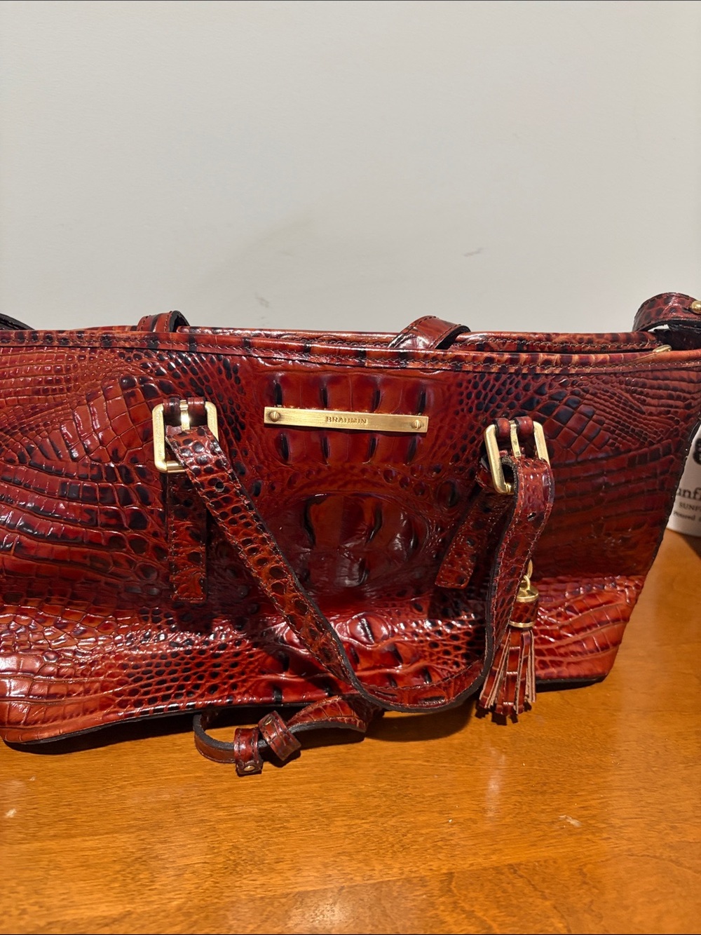 Brahmin Red Croc-Embossed Leather Shoulder Bag with Tassel